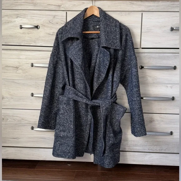 7 for all mankind Women Blue Belted Jacket Wool Blend size S - Picture 1 of 10